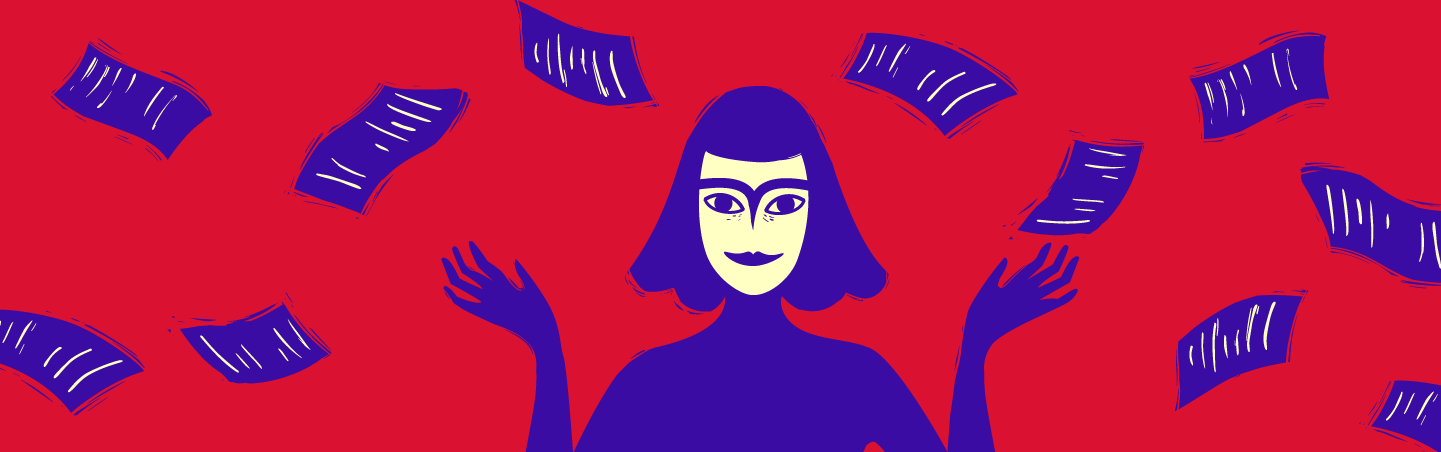 Red background, purple notes, woman holding hands up