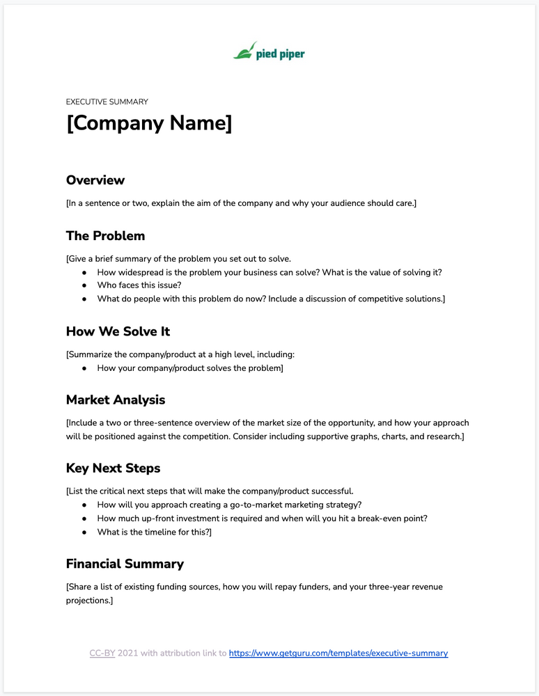 startup executive summary template