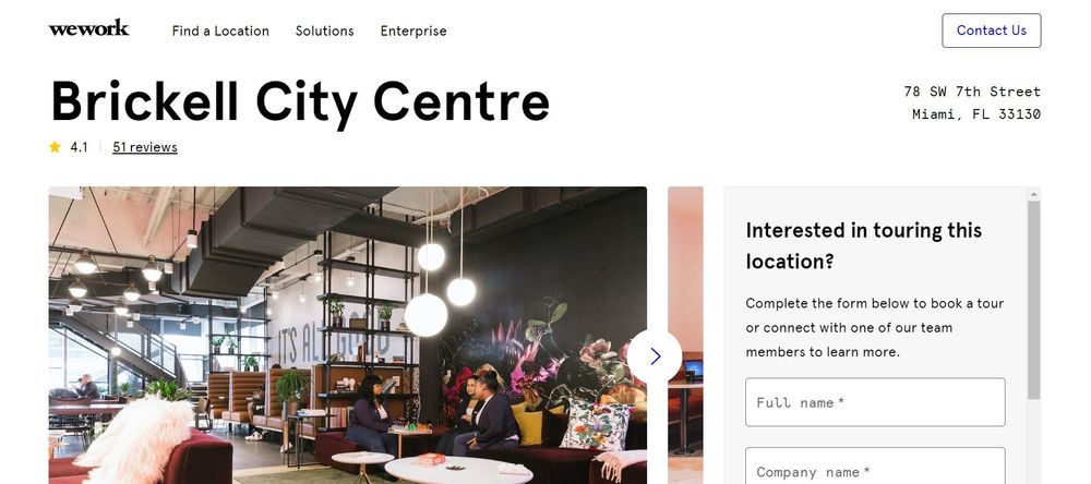 Brickell city centre WeWork coworking space homepage