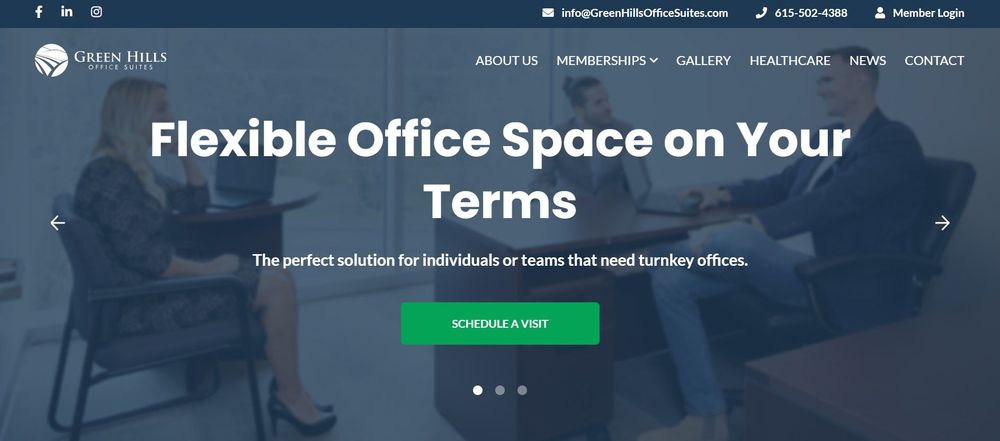 GreenHills office coworking space homepage