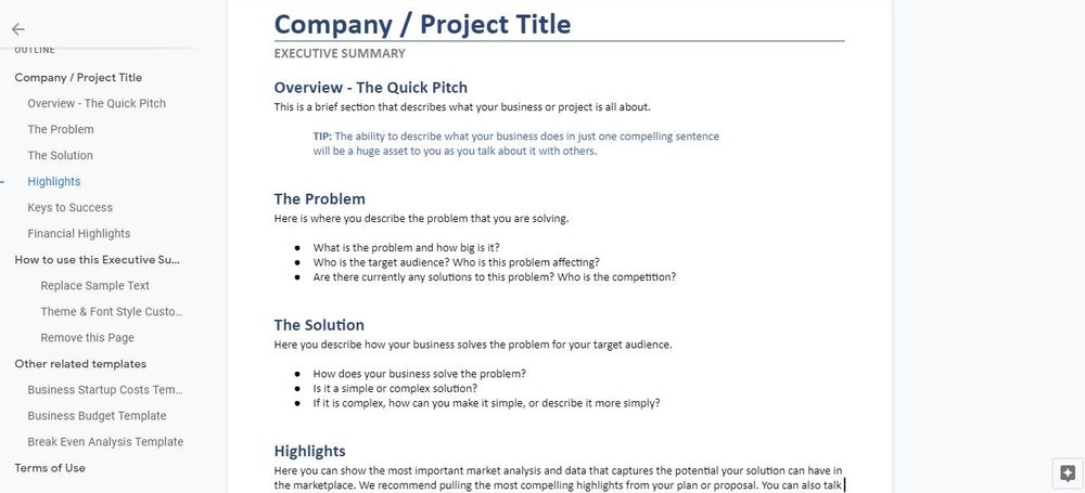 business plan executive summary template