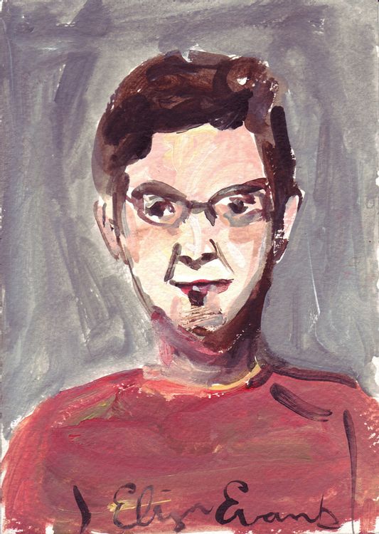 Painting of Cris Edwards in red shirt with glasses.