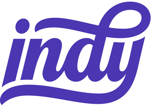 The new Indy logo, written in a free-flowing, custom script font.